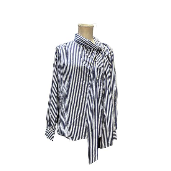 Ann Mashburn Blue and White Striped Tie Neck Long Sleeve Button Front Blouse - Picture 2 of 6
